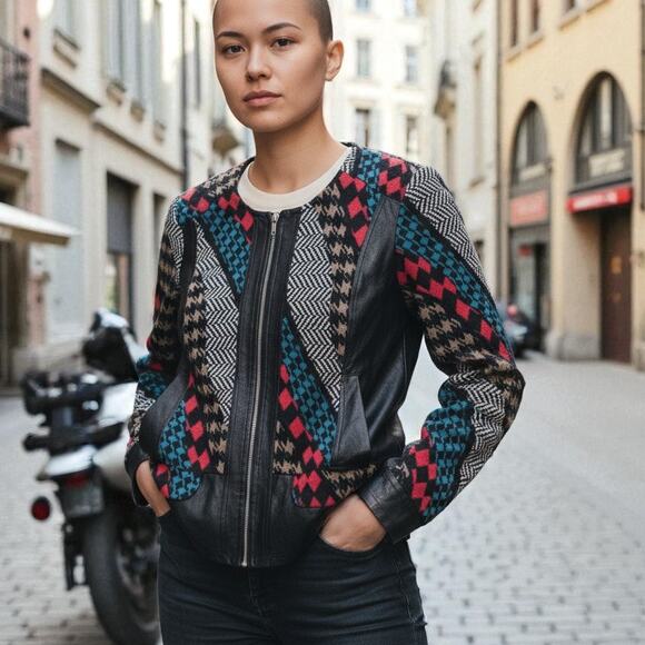 Bali Houndstooth Mix Print Colorful Vegan Leather Trim Zip Front Jacket VTG - 6 - Picture 1 of 6